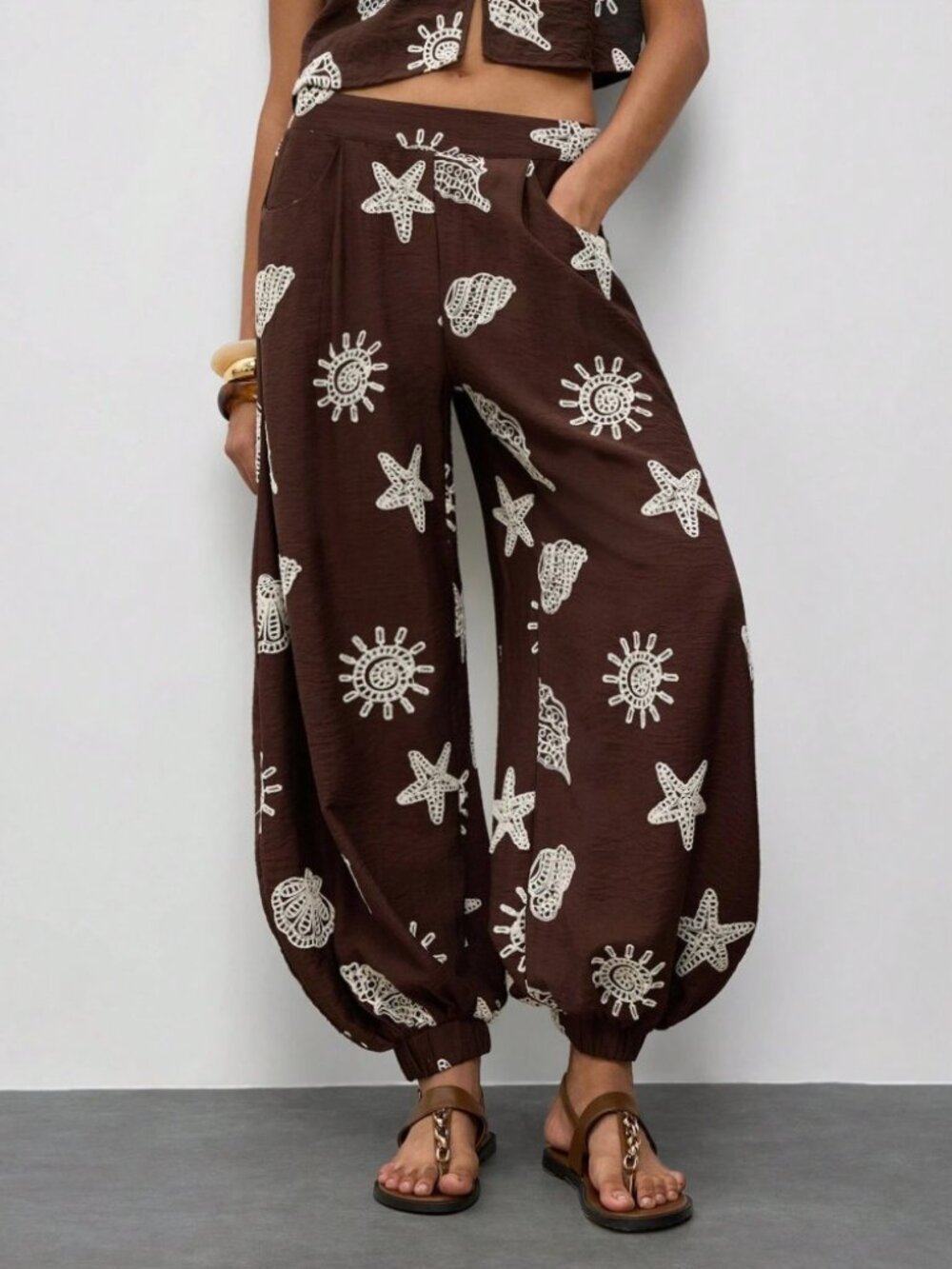 Brown Seashell Patterned Balloon Pants with Slouch Pockets